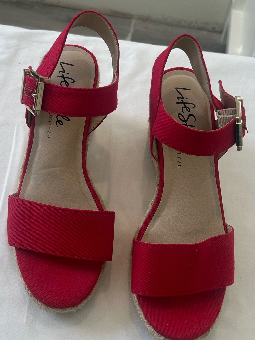 Life Stride Red Canvas Espadrille Wedge Sandals
